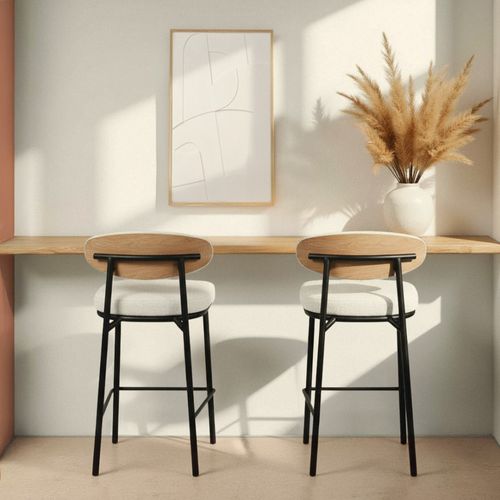 Lot De 2 Chaises De Bar En Tissu Bouclette, Bois Et Métal H65cm