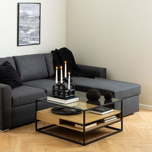 Table Basse Carrée En Verre, Bois Et Métal 80x80cm