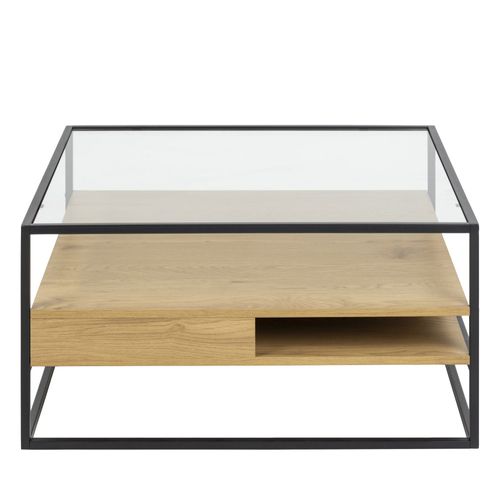 Table Basse Carrée En Verre, Bois Et Métal 80x80cm