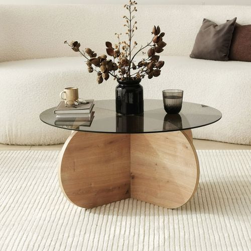 Table Basse Ronde En Verre Trempé Et Bois D.75cm