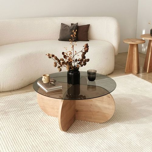 Table Basse Ronde En Verre Trempé Et Bois D.75cm