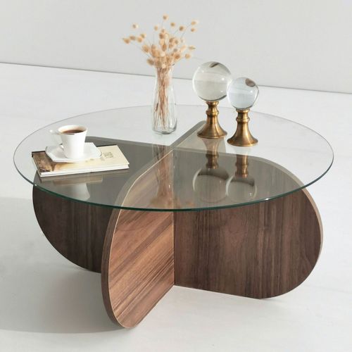 Table Basse Ronde En Verre Trempé Et Bois Ø75cm