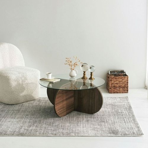 Table Basse Ronde En Verre Trempé Et Bois Ø75cm