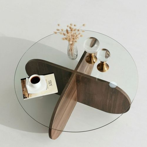 Table Basse Ronde En Verre Trempé Et Bois Ø75cm