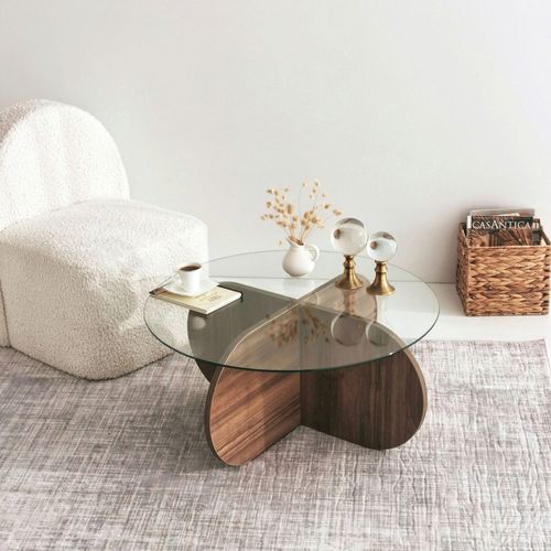 Table Basse Ronde En Verre Trempé Et Bois Ø75cm
