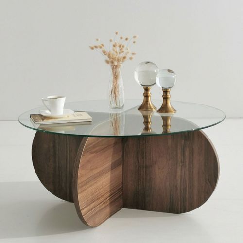 Table Basse Ronde En Verre Trempé Et Bois Ø75cm
