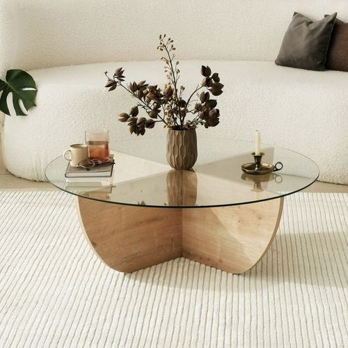 Table Basse Ronde En Verre Trempé Et Bois Ø90cm