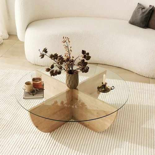 Table Basse Ronde En Verre Trempé Et Bois Ø90cm