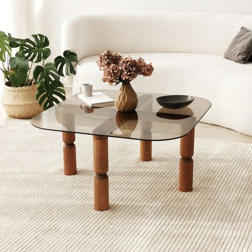Table Basse Carrée En Verre Trempé Et Bois 80x80cm