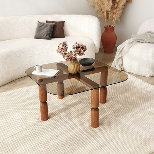 Table Basse Carrée En Verre Trempé Et Bois 80x80cm