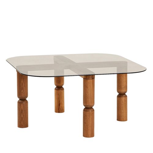 Table Basse Carrée En Verre Trempé Et Bois 80x80cm