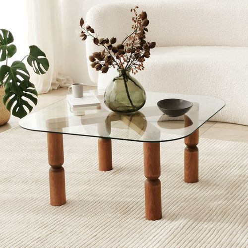 Table Basse Carrée En Verre Trempé Et Bois 80x80cm