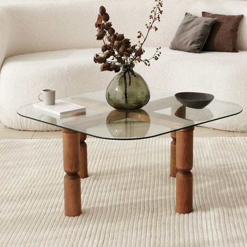 Table Basse Carrée En Verre Trempé Et Bois 80x80cm