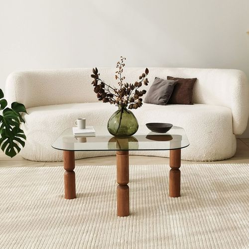 Table Basse Carrée En Verre Trempé Et Bois 80x80cm