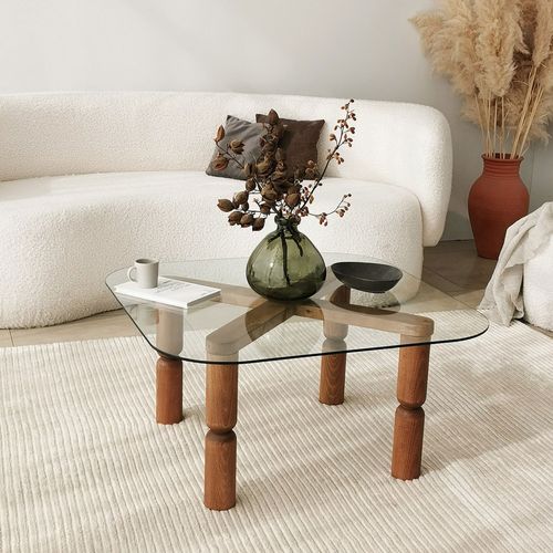 Table Basse Carrée En Verre Trempé Et Bois 80x80cm