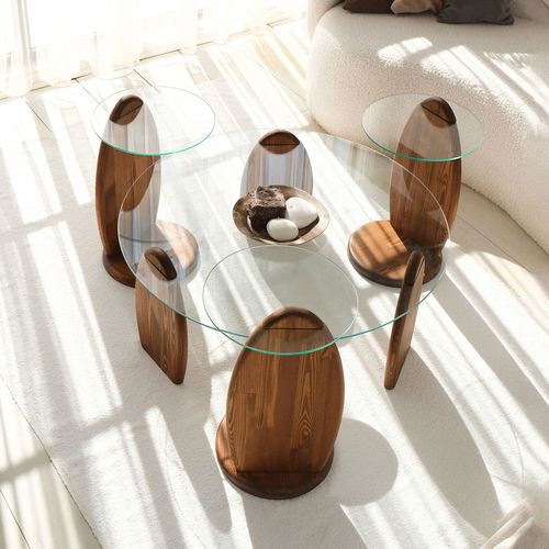 Table Basse Ronde En Verre Trempé Et Bois Ø90cm