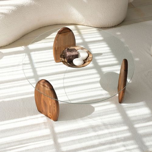 Table Basse Ronde En Verre Trempé Et Bois Ø90cm