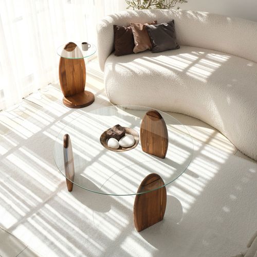 Table Basse Ronde En Verre Trempé Et Bois Ø90cm