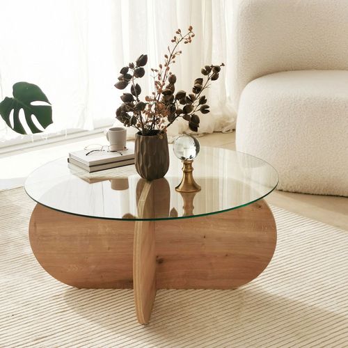 Table Basse Ronde En Verre Trempé Et Bois Ø75cm