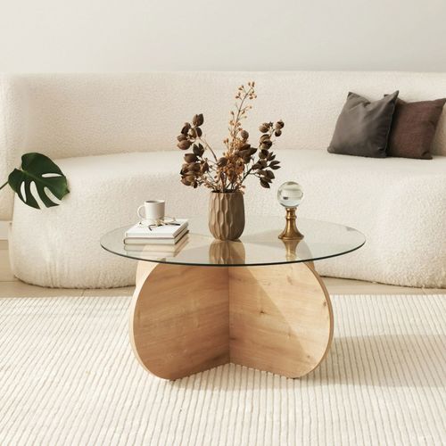 Table Basse Ronde En Verre Trempé Et Bois Ø75cm
