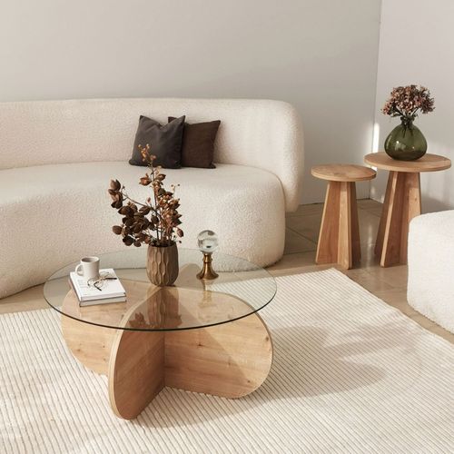 Table Basse Ronde En Verre Trempé Et Bois Ø75cm