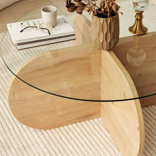 Table Basse Ronde En Verre Trempé Et Bois Ø75cm