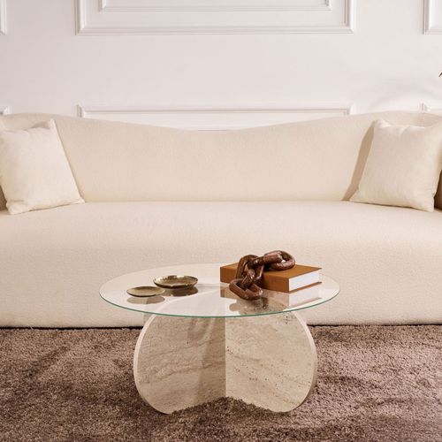 Table Basse Ronde En Verre Trempé Et Effet Travertin Ø75cm