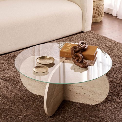 Table Basse Ronde En Verre Trempé Et Effet Travertin Ø75cm