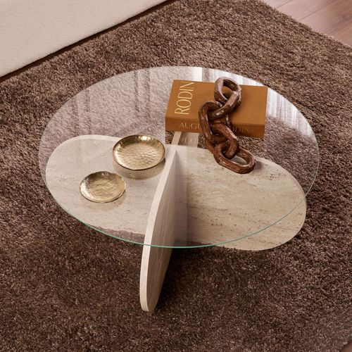 Table Basse Ronde En Verre Trempé Et Effet Travertin Ø75cm