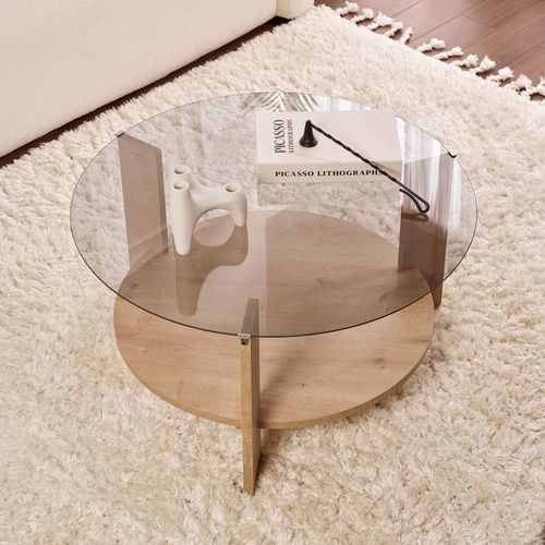 Table Basse Ronde En Verre Fumé Et Bois Ø75cm