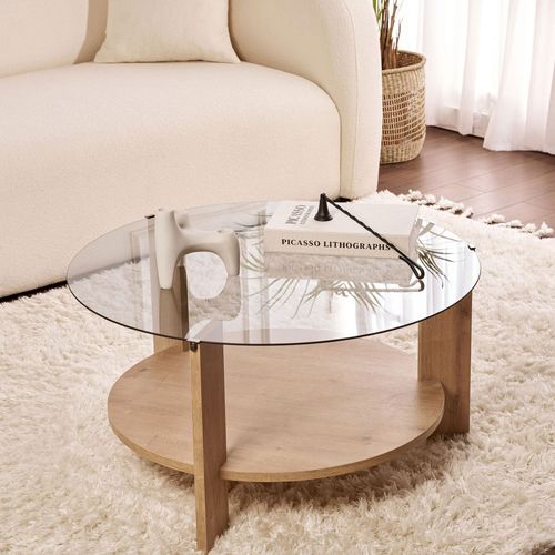 Table Basse Ronde En Verre Fumé Et Bois Ø75cm