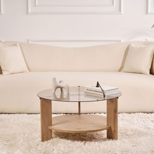 Table Basse Ronde En Verre Fumé Et Bois Ø75cm