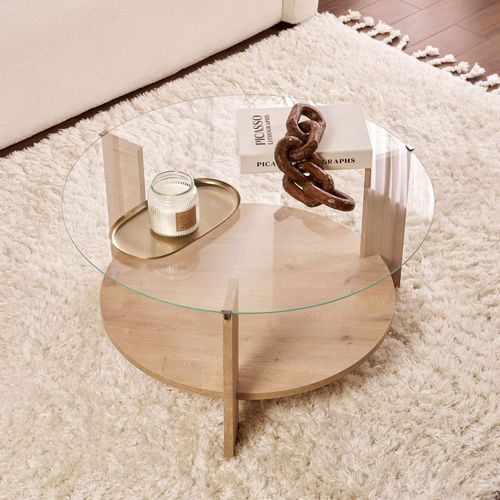 Table Basse Ronde En Verre Trempé Et Bois Ø75cm