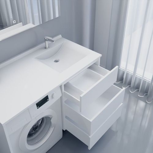 Meuble Lave-linge Kora Avec Plan Vasque Déportée + Miroir Elégance- Blanc- Vasque à Droite