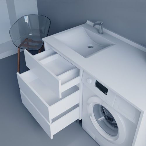 Meuble Spécial Lave-linge Kora Avec Plan Vasque Déportée 124 Cm X 65 Cm- Blanc- Vasque à Gauche