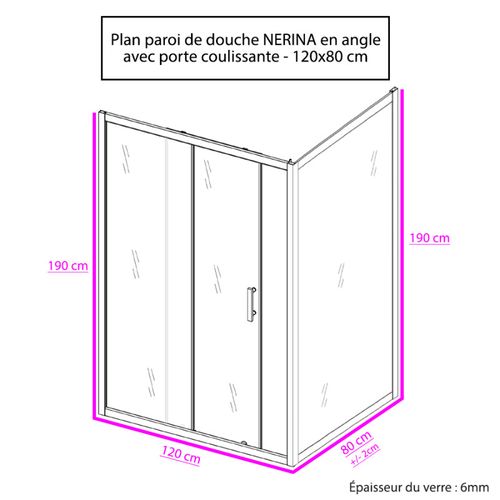 Paroi De Douche D'angle Avec Porte Coulissante + Retour Fixe Nerina - 120x80 Cm