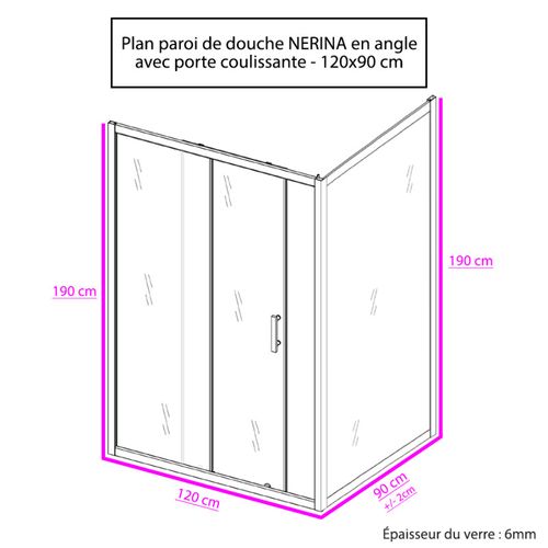 Paroi De Douche D'angle Avec Porte Coulissante + Retour Fixe Nerina - 120x90 Cm