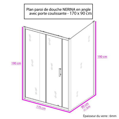 Paroi De Douche D'angle Avec Porte Coulissante + Retour Fixe Nerina - 170x90 Cm