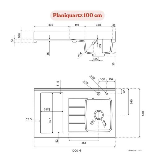 Plan De Travail Monobloc Planiquartz Avec Évier - 100 Cm - Snova - Évier à Gauche - Non