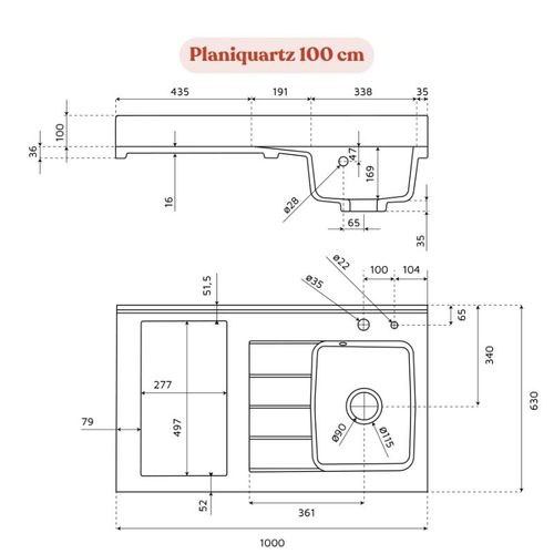 Plan De Travail Monobloc Planiquartz Avec Évier - 100 Cm - Cromo - Évier à Gauche - Non