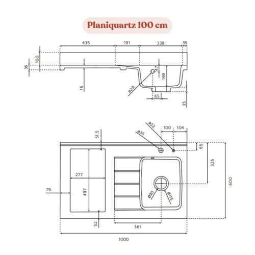 Plan De Travail Monobloc Planiquartz Avec Évier - 100 Cm - Nero - Évier à Gauche - Non