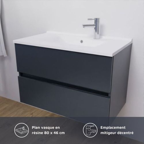Meuble Salle De Bain Suspendu 80 Cm Rosaly- Gris- Résine