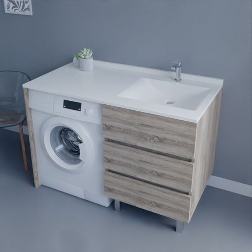 Meuble Spécial Lave-linge Kora Avec Plan Vasque Déportée 124 Cm X 65 Cm- Bois- Vasque à Droite