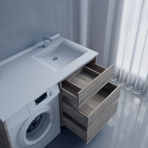Meuble Spécial Lave-linge Kora Avec Plan Vasque Déportée 124 Cm X 65 Cm- Bois- Vasque à Droite