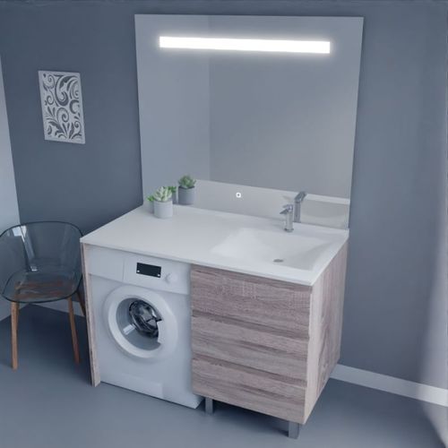 Meuble Lave-linge Kora Avec Plan Vasque Déportée + Miroir Elégance- Bois- Vasque à Droite