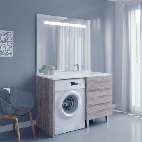Meuble Lave-linge Kora Avec Plan Vasque Déportée + Miroir Elégance- Bois- Vasque à Droite
