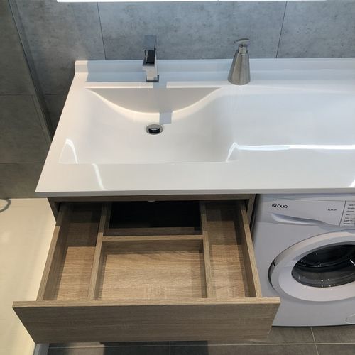 Meuble Lave-linge Kora Avec Plan Vasque Déportée + Miroir Elégance- Bois- Vasque à Droite