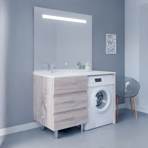 Meuble Lave-linge Kora Avec Plan Vasque Déportée + Miroir Elégance- Bois- Vasque à Gauche