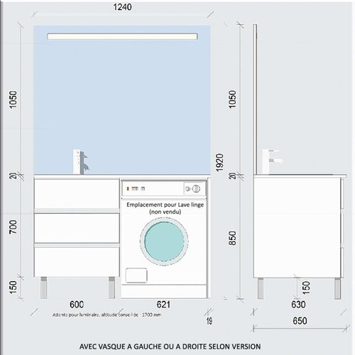 Meuble Lave-linge Kora Avec Plan Vasque Déportée + Miroir Elégance- Bois- Vasque à Gauche