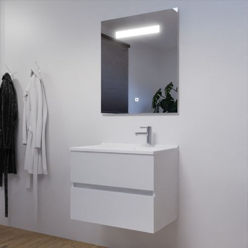 Meuble Salle De Bain 70 Cm Rosaly Avec Plan Vasque Et Miroir Elégance Ht80- Blanc- Résine